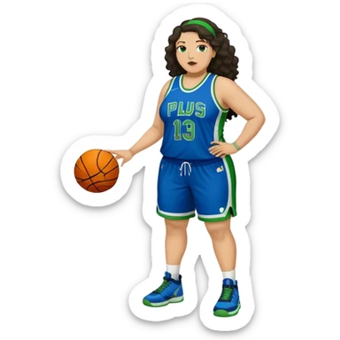 full body plus size light skin latino women basketball player with wavy dark hair large wide nose wearing blue with green uniform sticker