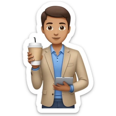 business owner standing confidently, holding a closed laptop in one hand and a takeaway coffee cup in the other. The character wears casual-smart clothes. sticker