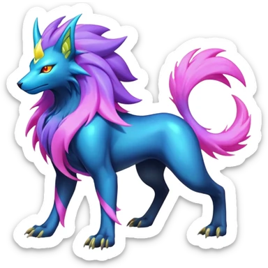  pastel dark bright vibrant futuristic lush warm-colored neon-glowing electric maned Luxray-Suicune-Manectric-Fakémon-Vernid-Digimon-hybrid-creature (full body) sticker