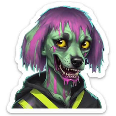 .Zombie_ Vaporwave black holographic oilslick zombie dog yellow caution tape graffiti neon yellow stripes sticker
