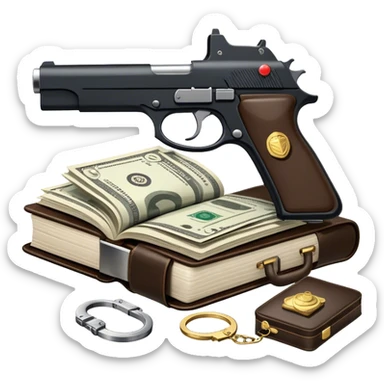 Icon for Action & Crime Reading: open book with text and picture, with a silhouette of a gun, a bag of money, and a police badge on the pages. Surrounding elements include a pair of handcuffs, a briefcase, and scattered bullet casings. Transparent background. sticker