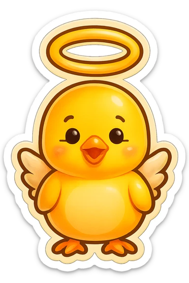 Make the halo much bigger and floating high above the baby chick's head, like a saint, keep the style and transparent background. sticker