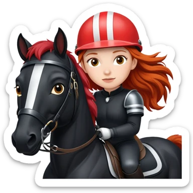 A red-haired girl with a helmet is a rider with a black horse with a white stripe on her face sticker