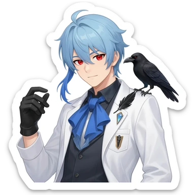 Zandik from Genshin Impact; Alchemist handsome anime man with light-blue beautiful hair, handsome sexy, long hair tendril bangs down on the sides, white lab coat, blue cravat, black feathers on shoulder, raven companion, black gloves, red eyes sticker