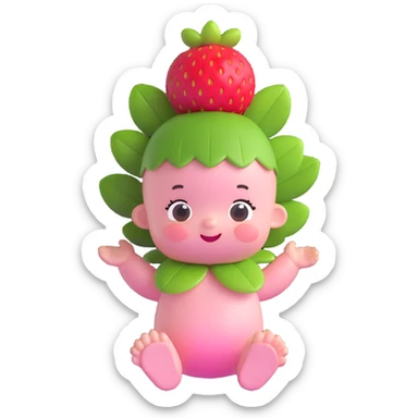 3D style baby character with round plush body, pink skin, strawberry leaf and small strawberry on head, joyful expression sticker