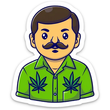Mexican drug lord El Chapo with mustache and cannabis leaf patterned shirt sticker