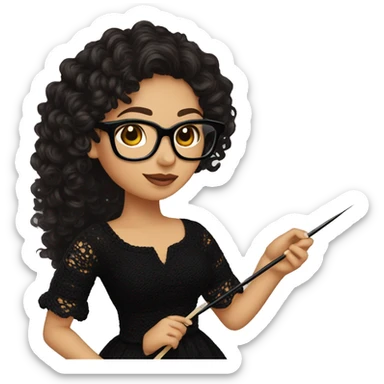 Hispanic woman with black glasses long dark brown curly hair holding crochet needle with yarn wearing a black dress sticker