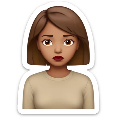 a brown girl with short light brown hair wearing a beige full sleeve and looking sad. dark red lip sticker