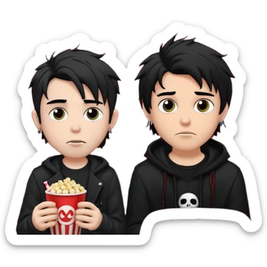 pale Goth boy with a bunch of face piercings, with shaggy dark brown hair, next to a tan skin gamer boy with long black hair , they are watching a movie in the theater together  sticker