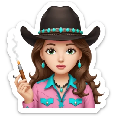 White girl, black cowboy hate with turquoise hat band sparkling, long brown wavy hair, pink western shirt, smoking a joint sticker