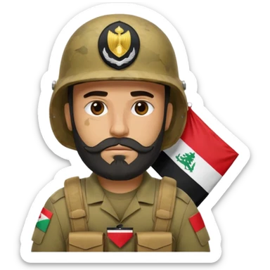 A tired, swarthy Iraqi soldier with a beard, an Iraqi flag on his helmet, a sad expression and bags under his eyes sticker