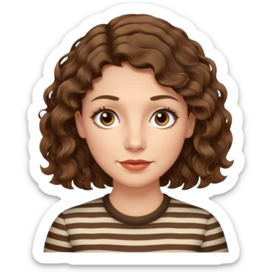 fair-skinned caucasian woman, 40s, chin-length wavy/curly/unruly brown-ish hair with a few white stripes, hazel eyes sticker