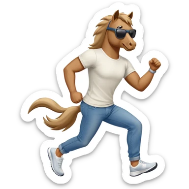 friendly anthropomorphised stallion in jeans and a t-shirt, wearing dark sunglasses, jogging upright in standard pose sticker