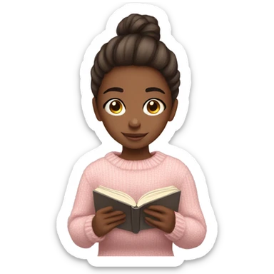 Pretty brown eyed girl with light pink sweater reading cozy sticker
