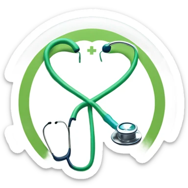 "Create a minimalistic emoji featuring a medical cross, a stethoscope, and a heart, using blue, green, and white to symbolize trust, health, and care sticker