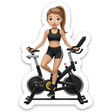 Light skin girl with long light brown hair in a pony tail, black workout set leaning on a indoor spin bike with NO HELMET,  sticker