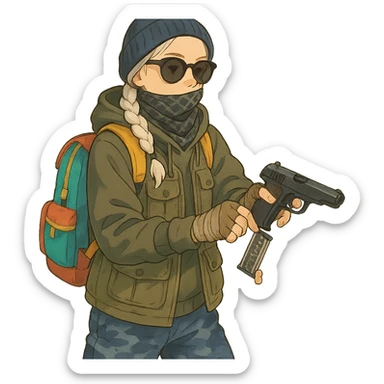 1 female, long white braid, knit cap, dark sunglasses, shemegh neckwrap, fishing vest, vibrant shool backpack, drab hoodie, handwraps, blue camo pants, executing a tactical reload of a makarov pistola sticker
