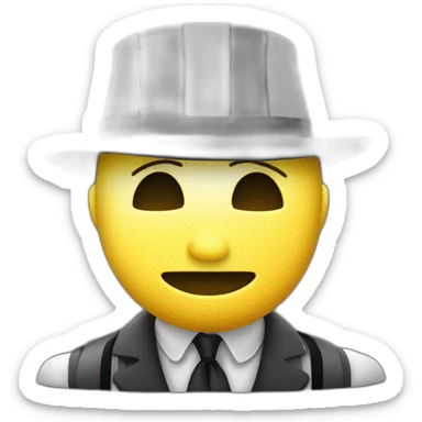 A man with a bag of money, in striped clothes and his eyes are closed with a black bandage, and on top is a black hat sticker