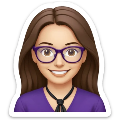 nữ 40 tuổi, da trắng, tóc dài được buộc gọn gàng màu nâu, mặt cười tươi vui vẻ, đeo kính màu đen, áo tím đậm sticker