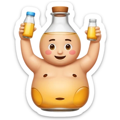 glass bottle containing a plump man, playful and lighthearted emoji style sticker