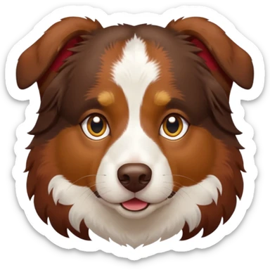 A tri color Australian shepherd with a chocolate brown base coat, red/gold fur on his eyebrows and snout/cheeks, a white chest, and gold eyes. No white fur on his face, only brown and gold. sticker