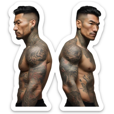 muscular male flexing tattooed chest with dragon tattoo on the chest and yakuza tattos on arms sticker