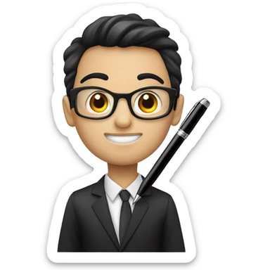 Een jongen met zwart haar met een bril met een pen in zn hand sticker