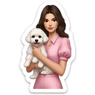 brunette Kendall Jenner with long hair holding on the hands white maltipoo in pink collar sticker