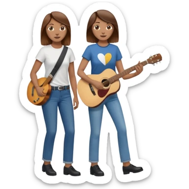 based on emoji style, like this "💁🏻‍♀️" "💁🏽‍♂️" "💁🏻", two people walking together. one is brown-haired woman, wearing business casual, holding a guitar. Another one is a non-binary person, wearing t shirt and jeans, and this person doesn't have anything on their hands. they are walking together. sticker