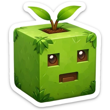 A 3D Apple-style emoji of a Minecraft grass block, cubic shape, with bright green grass on top and brown soil with pixel texture on the sides, simple and cute cartoon design. sticker