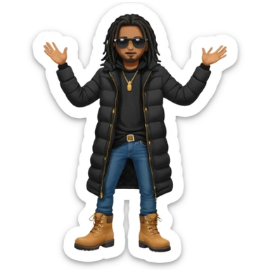African American man brown skin complexion with black dreadlocks shoulder length wearing black bubble winter coat wearing black sunglasses with denim skinny jeans and timberland boots with hand raised sticker