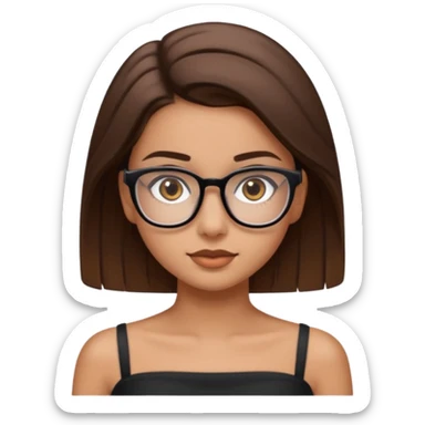 Imagine a pretty girl with slightly light brown skin with big brown eyes and glasses. She has straight brown hair in a slick back and is wearing a black tube top sticker