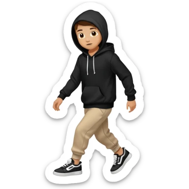A boy wearing black hoodie and a white and black shoes sticker