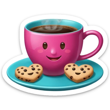 cup of coffee, steaming, the smoke should come out in the shape of a heart, the color of the cup is fuchsia, the cup has a happy face printed on it, the cup rests on a turquoise blue plate, and there are cookies and sugar cubes around the cup. sticker