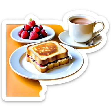 Un joli plateau sur lequel repose un délicieux petit déjeuner composé d’un croque-monsieur croustillant, d’un bol de yaourt aux fruits, d’une tasse de chocolat chaud garnie de guimauves et d’un joli vase contenant deux fleurs d’hibiscus sticker