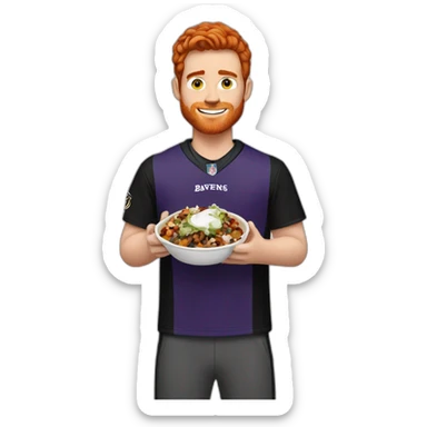 a red-haired young man wearing a ravens jersey and eating a chipotle burrito bowl sticker