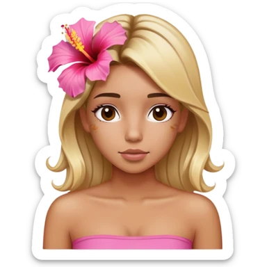 tan girl with blonde hair and brown highlight streaks with a hibiscus flower in her hair wearing a pink tube top with tan lines showing sticker