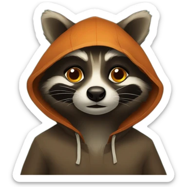 brown raccoon with orange eyes and a dark green hood that is sad sticker