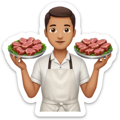 Una carnicería chapala con carnes y un señor promocionando sticker