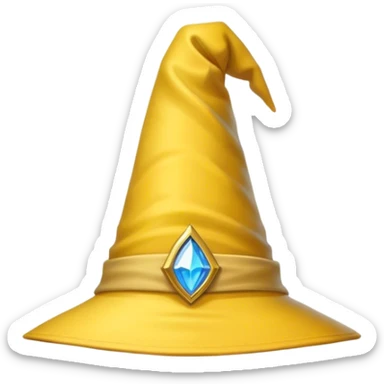 A yellow wizard hat with a classic pointed shape, slightly curved at the tip. The hat has a soft fabric texture with subtle folds, and a wide brim. The design is cartoon-style, with smooth shading, simple details, and a playful, magical look. sticker
