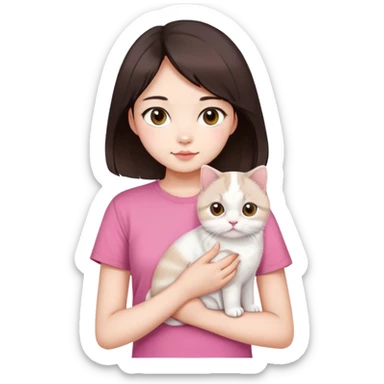This Chinese girl has fair skin. She has long semi-short dark brown hair and is wearing a pink T-shirt. She is holding a white Scottish Fold cat. sticker