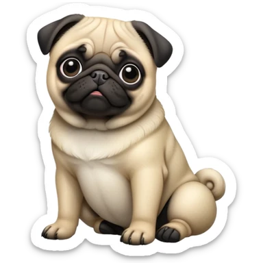 cinematic-[pug]-realistic-full-body-sitting-emoji,-tail-resting-loosely-beside-its-paws,-head-tilted-dramatically, -sleek-[black]-fur,-simplified-yet-realistic-focused-features,-highly-detailed,-glowing-with-an-almost-sarcastic-glow sticker
