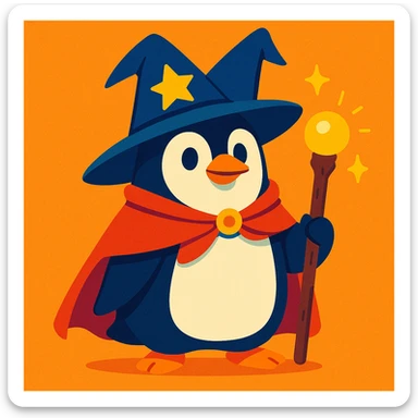 a penguin dressed as a wizard, with a pointy hat and a magic staff, in a fun and whimsical style, vibrant toon illustration sticker