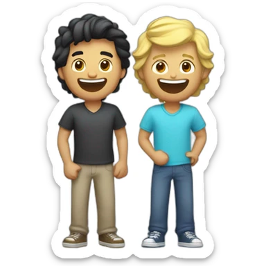 Gay couple, 1 guy Latino black straight hair and 1 Australian white guy with blonde slightly curly hair laughing full body playing UNO sticker