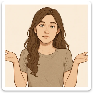 girl with long brown wavy hair, green eyes, shrugging, neutral expression, upper body, simple background sticker