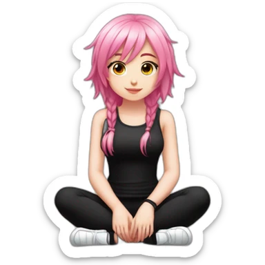 Full body Front view curvy emo girl pink hair sits on the floor straight view hands up black skirt белые трусики полосатые рваные чулки sticker