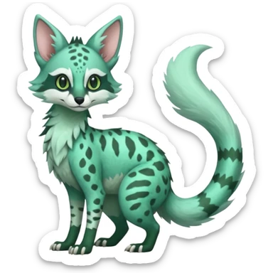 Feral Rare Fantasy minty-cyan pastel-seafoam-green Hunter-forest-green  Vernid-Sergal-Genet-Trico-species by LiLaiRa, random markings, tufted tail, tufted ears, full body sticker