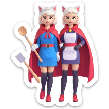 character with cat ears and tail, white hair, blue eyes, wearing a red hood and cape, yellow scarf, white apron, pink dress, brown gloves, black stockings, red shoes, holding a metal spatula, confident and lively expression sticker
