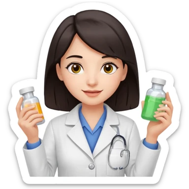 pharmacist girl with dark hair and dark eyes, white coat, holding medicine, cheerful sunny expression sticker