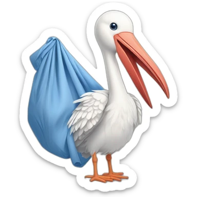 White stork carrying a blue bundle of cloth in its big beak that has a cute human person cute baby boy inside and his head is peeking from the fabric the strok is carrying in its beak sticker